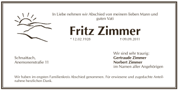 Traueranzeige von Fritz Zimmer von Pegnitz-Zeitung